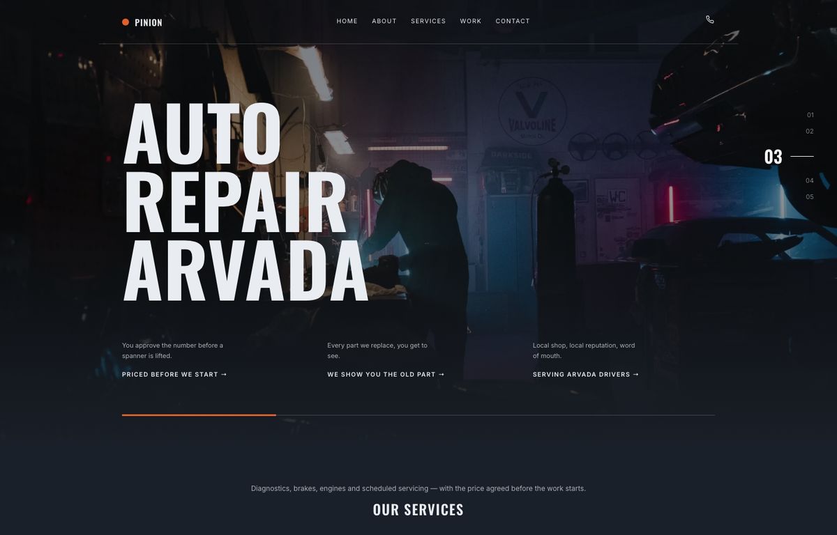Auto repair website example: the home page of a auto repair site in the Travel design