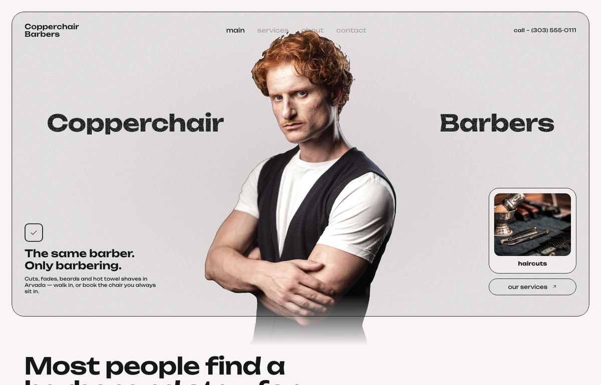 Barber website example: the home page of a barber site in the Aura design