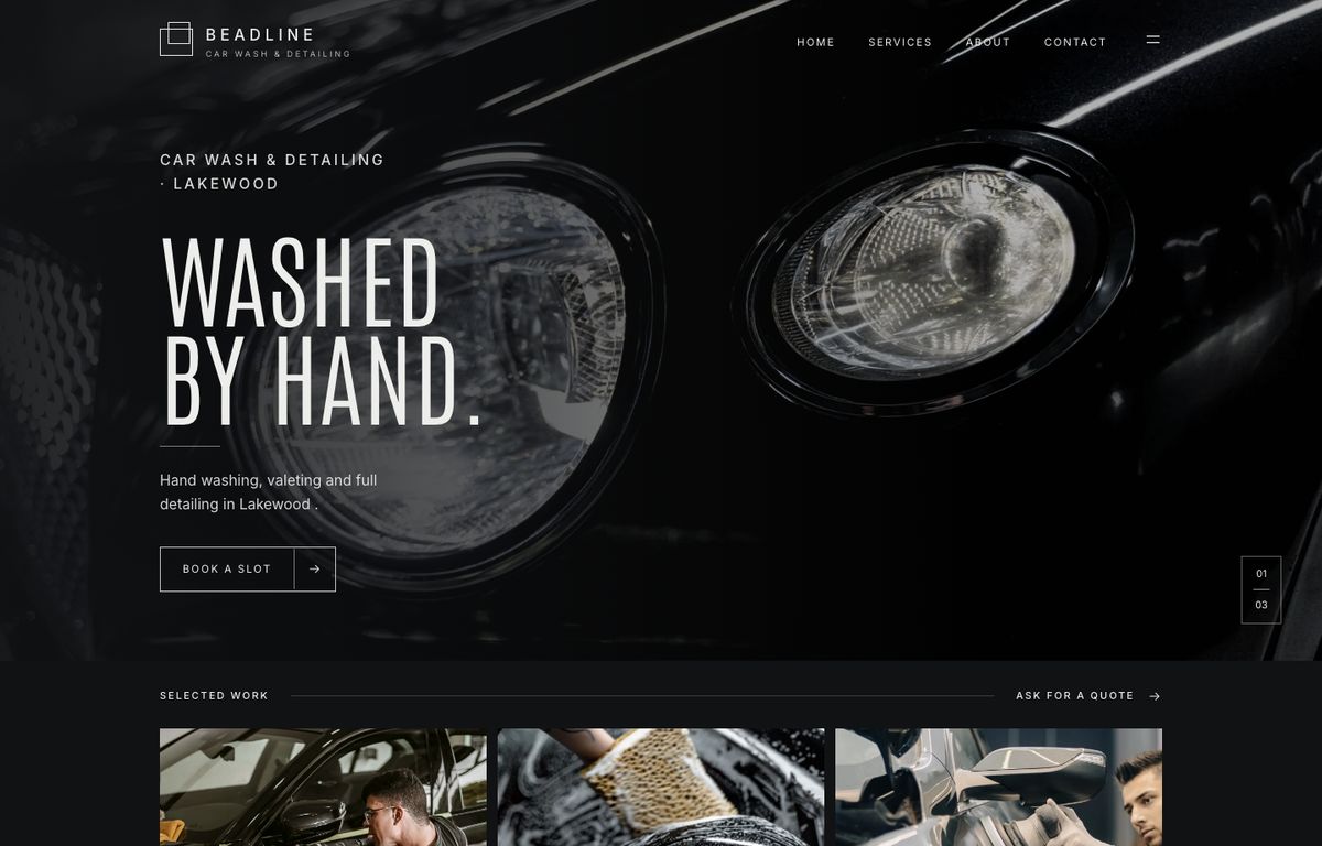 Car detailing website example: the home page of a car detailing site in the Forma design