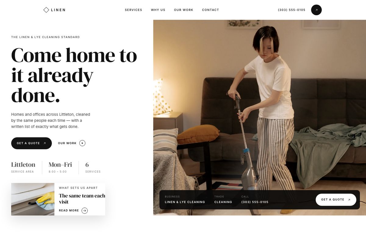 Cleaning business website example: the home page of a cleaning business site in the Luminara design