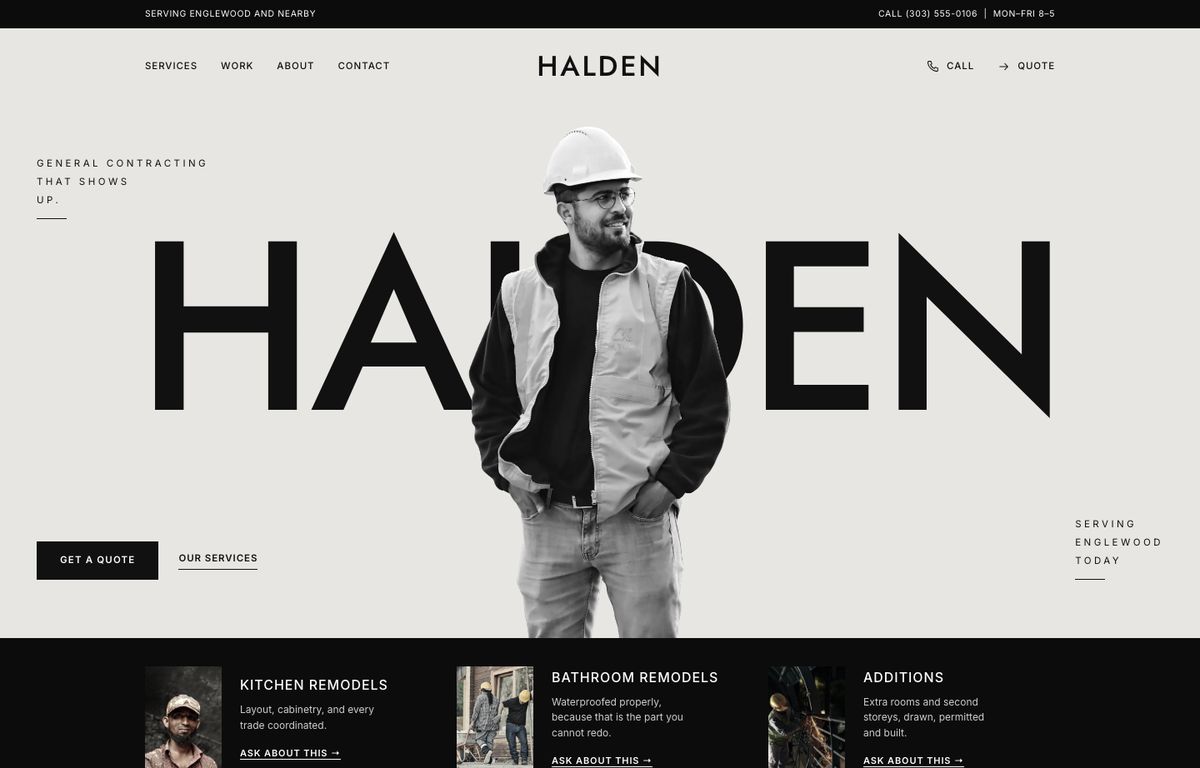 Contractor website example: the home page of a contractor site in the Gazu design