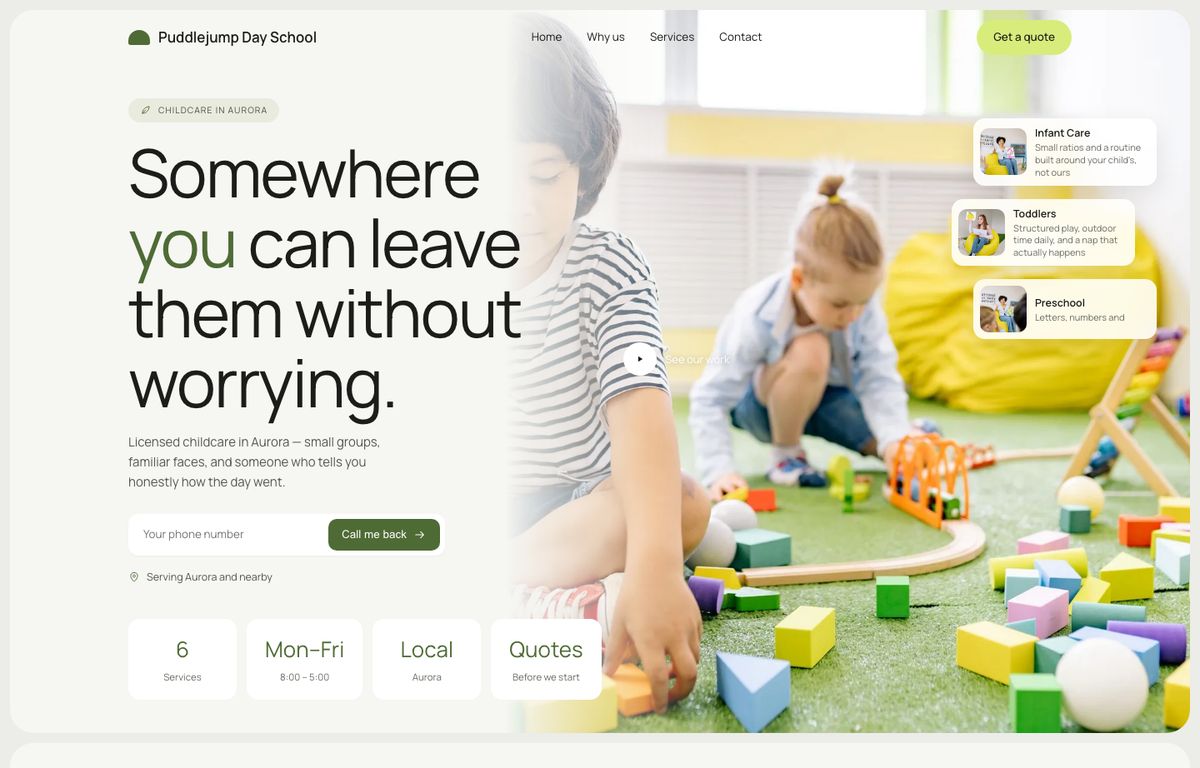 Daycare website example: the home page of a daycare site in the Aeline design