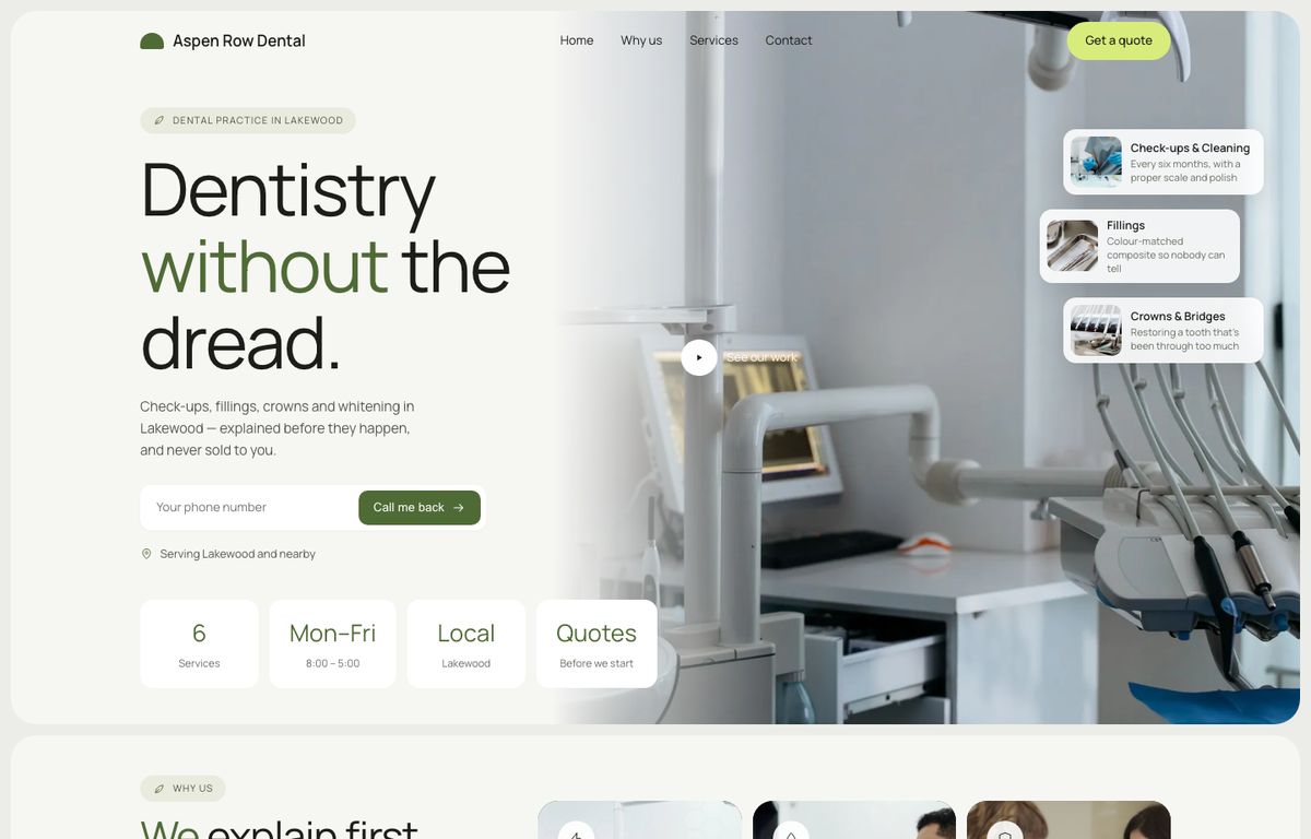 Dental website example: the home page of a dental site in the Aeline design