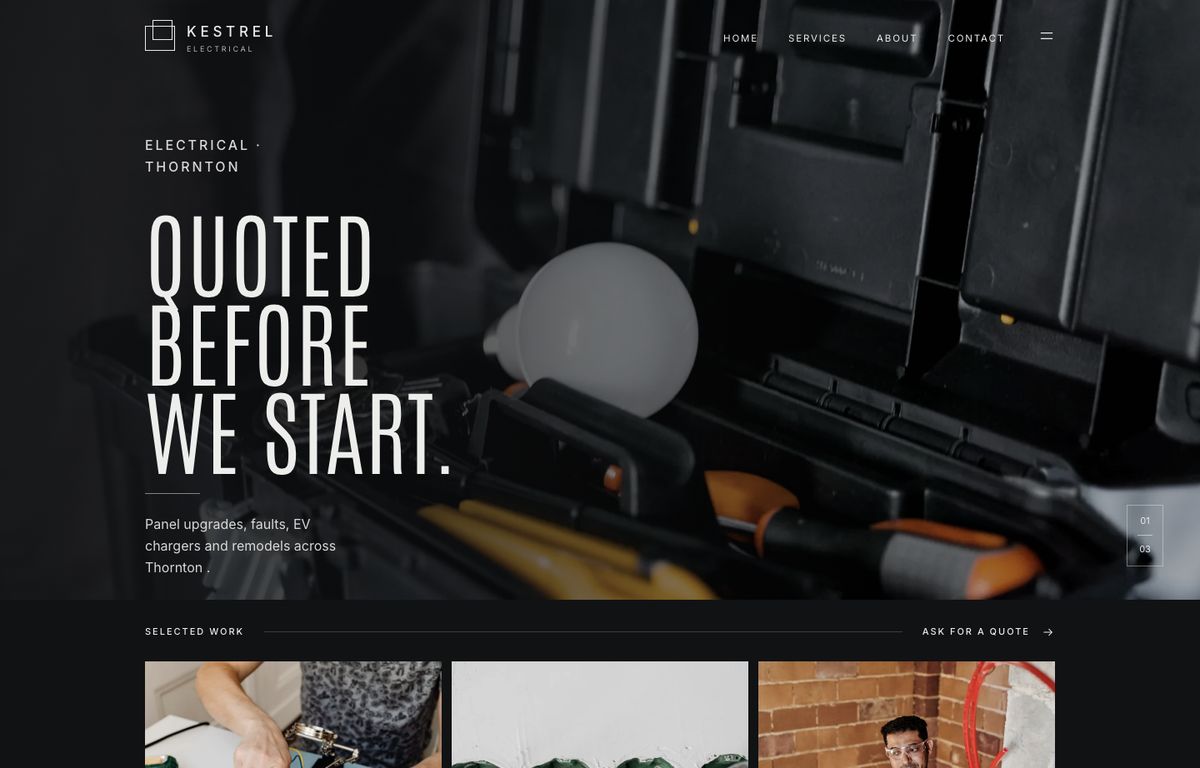 Electrician website example: the home page of a electrician site in the Forma design