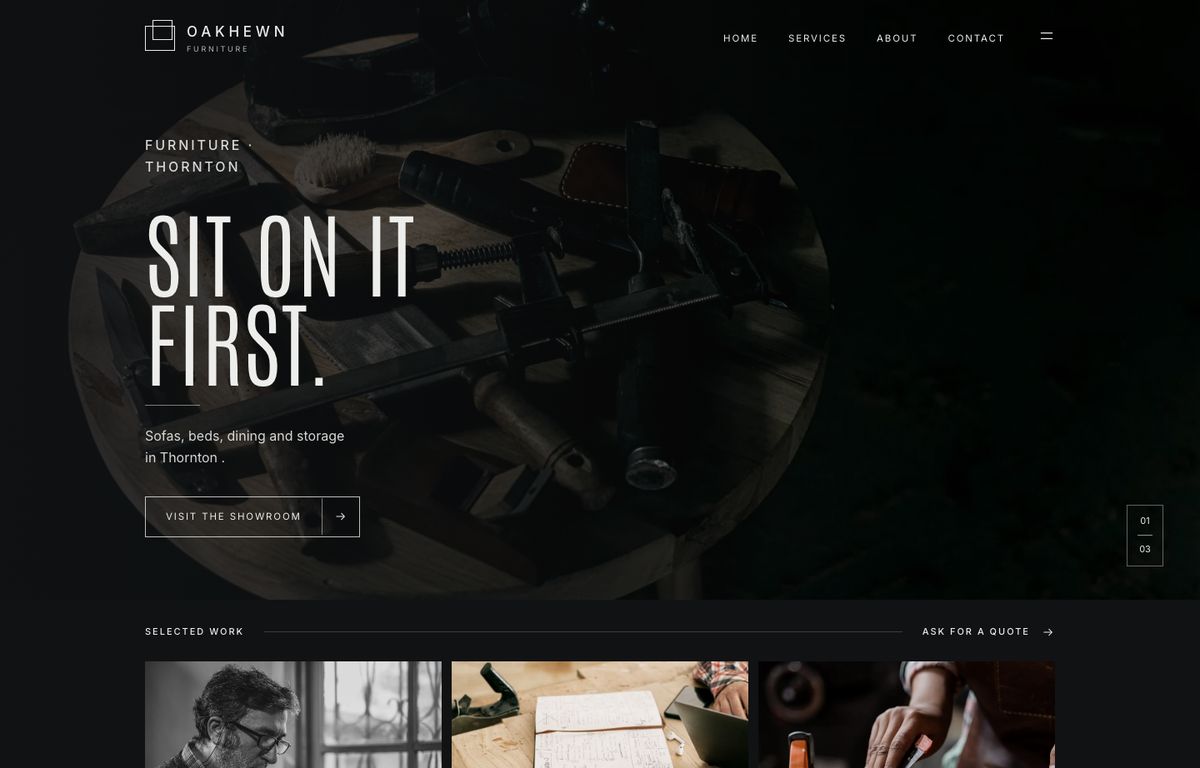 Furniture store website example: the home page of a furniture store site in the Forma design