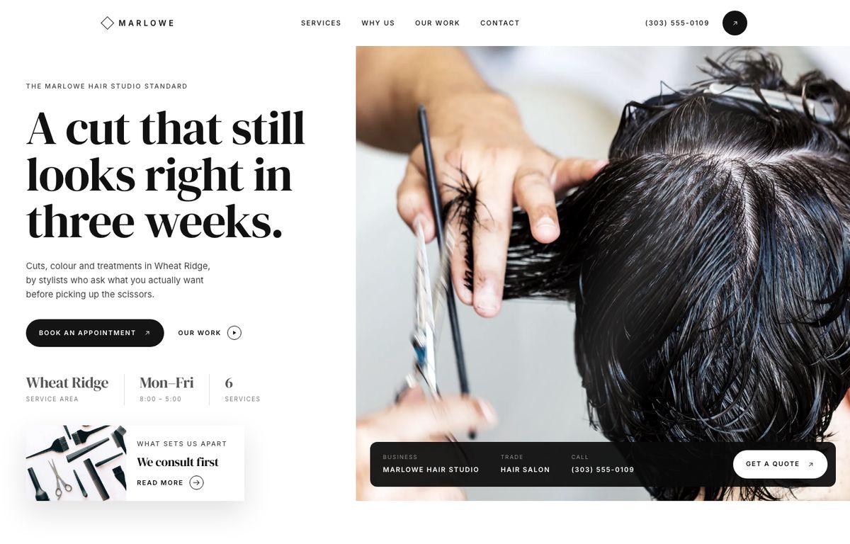 Hair salon website example: the home page of a hair salon site in the Luminara design