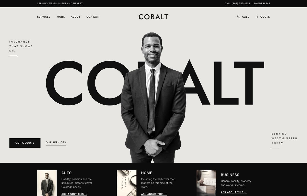 Insurance agency website example: the home page of a insurance agency site in the Gazu design