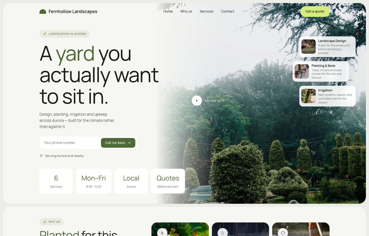 Landscaping website example: the home page of a landscaping site in the Aeline design