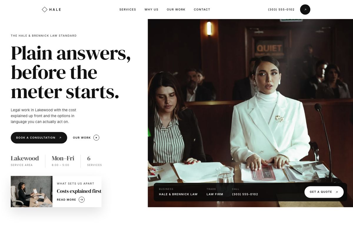 Law firm website example: the home page of a law firm site in the Luminara design