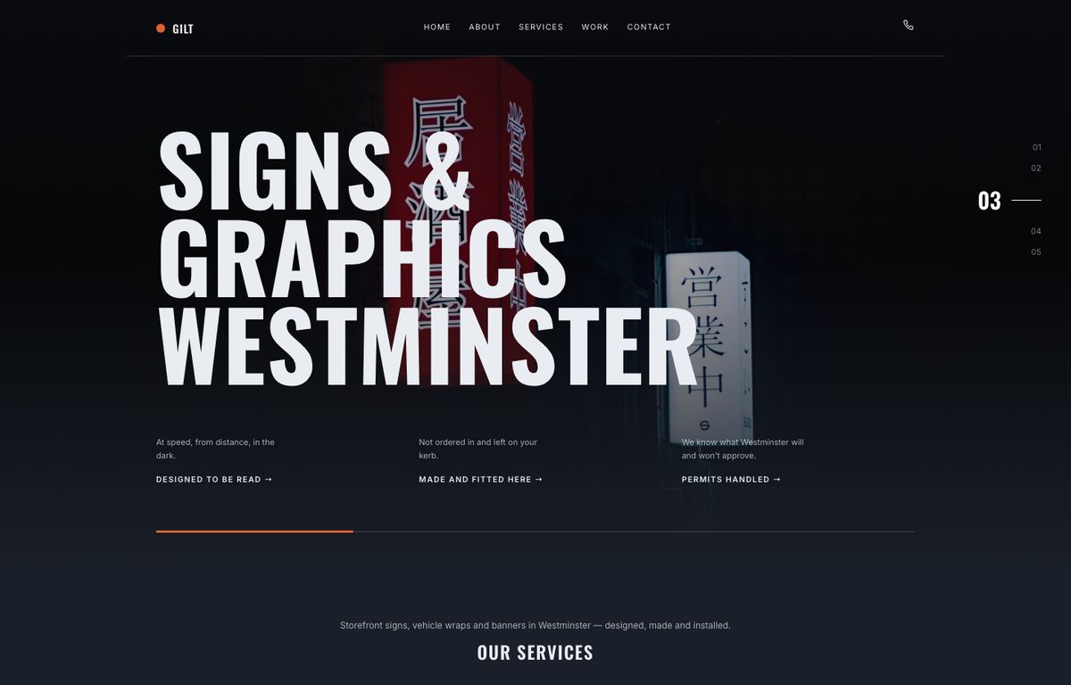 Sign company website example: the home page of a sign company site in the Travel design