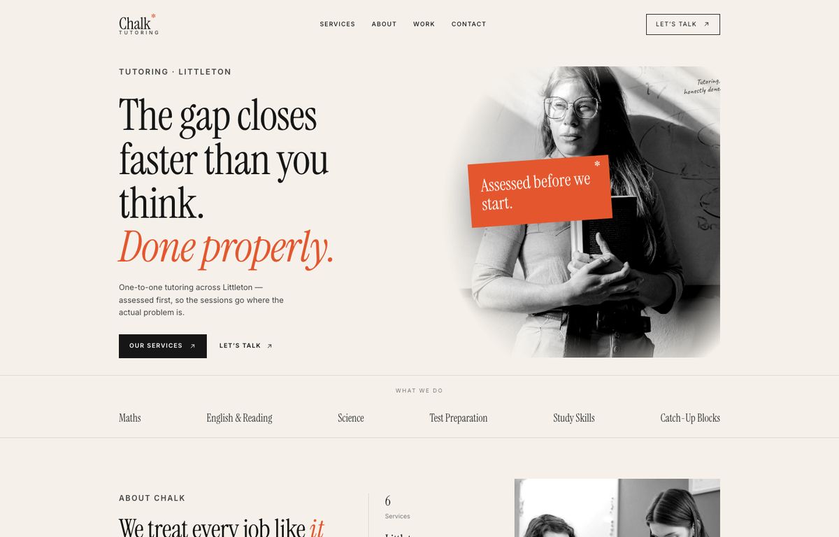 Tutoring website example: the home page of a tutoring site in the Alchemy design