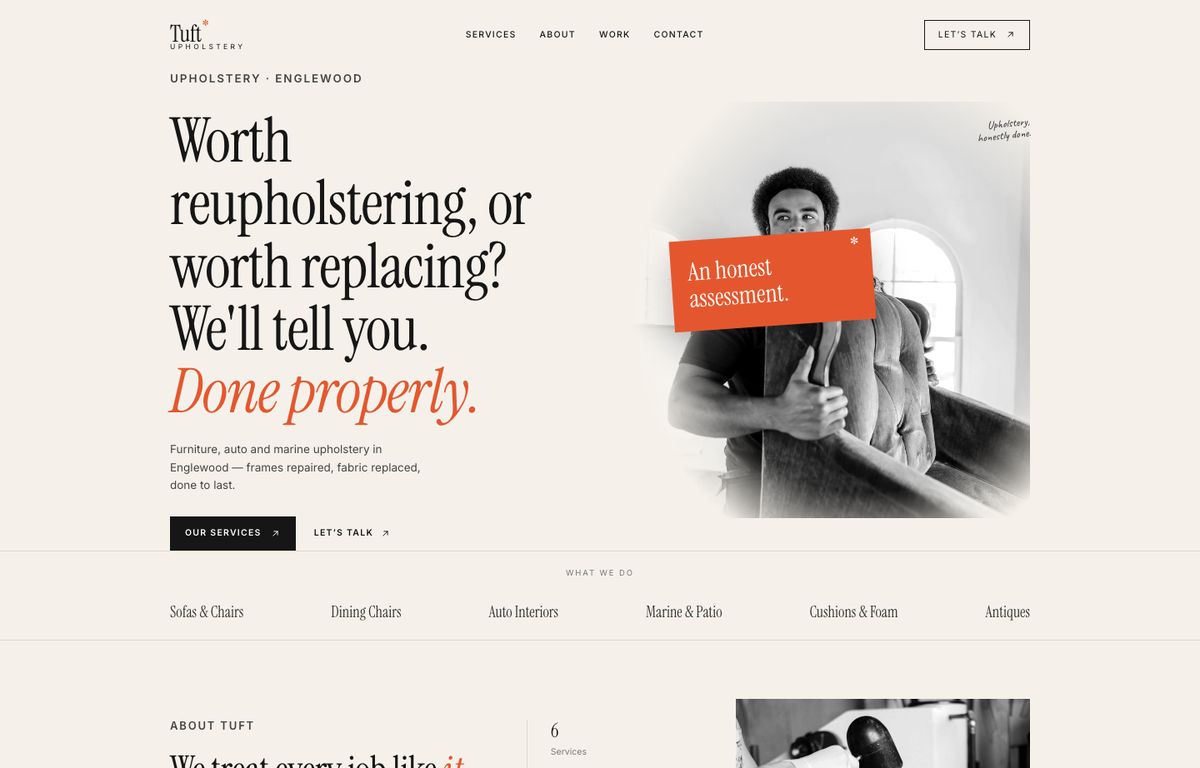 Upholstery website example: the home page of a upholstery site in the Alchemy design