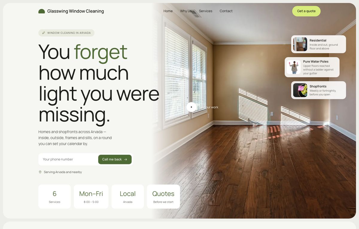 Window cleaning website example: the home page of a window cleaning site in the Aeline design
