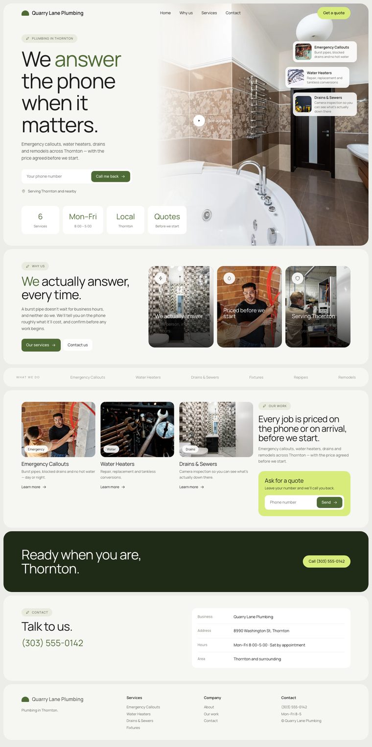 The Aeline look: a soft rounded website with floating photo cards for a plumbing business