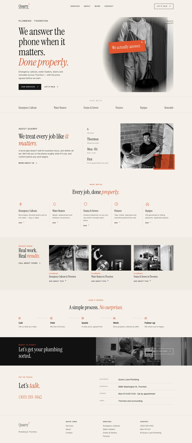The Alchemy look: a cream website with serif headlines and orange italics for a plumbing business