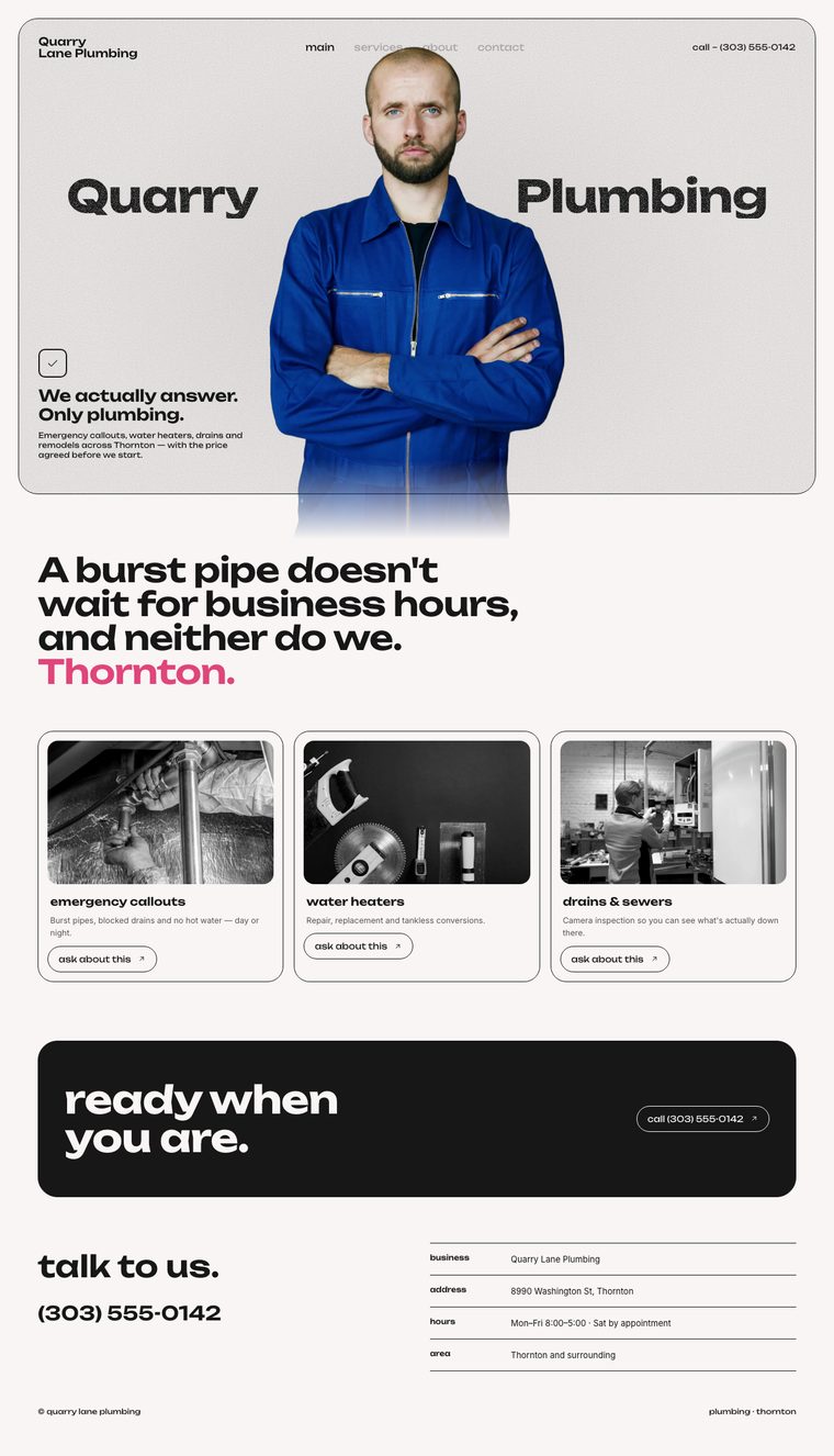 The Aura look: a framed website with wide playful type for a plumbing business