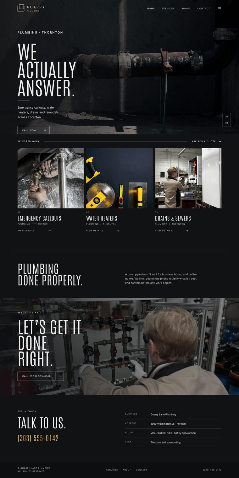 The Forma look: a dark website with tall thin condensed type for a plumbing business