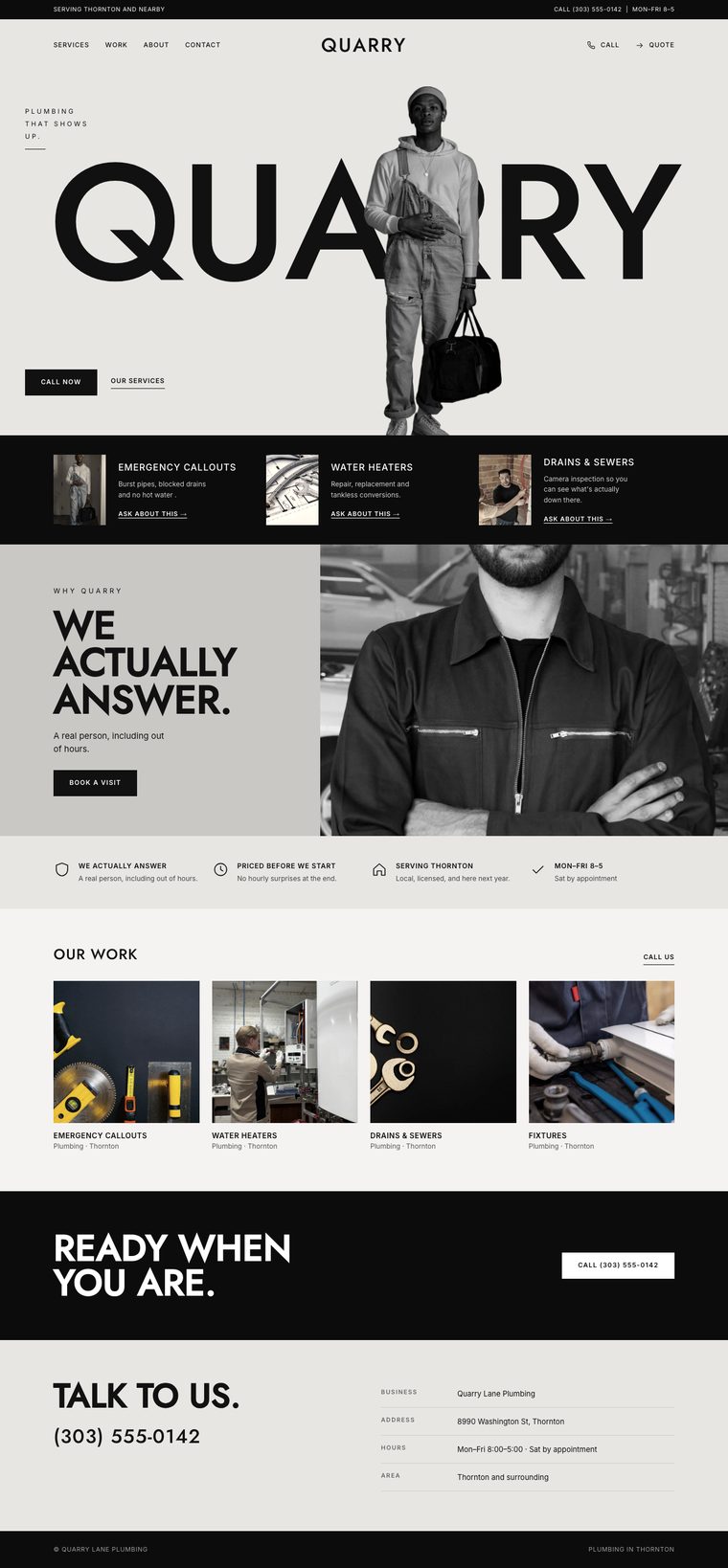 The Gazu look: a giant business name over a black-and-white photo for a plumbing business