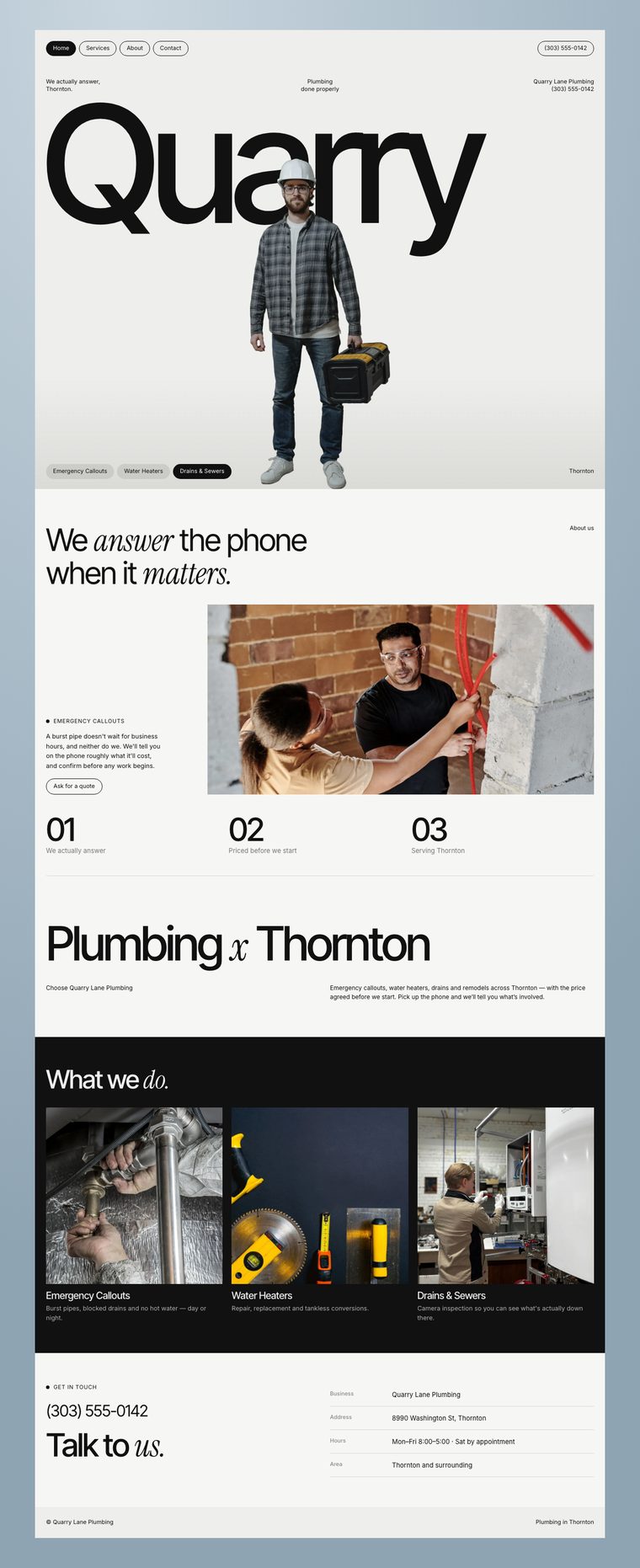 The Hotle look: giant type on a canvas with italic serif accents for a plumbing business