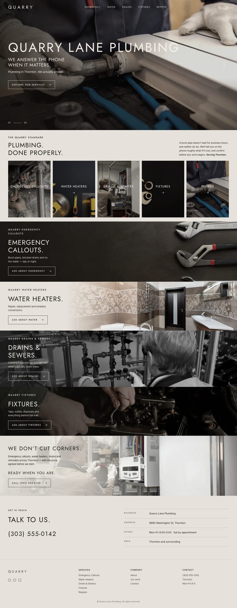 The Kaelon look: a warm cinematic website with full-width photo bands for a plumbing business