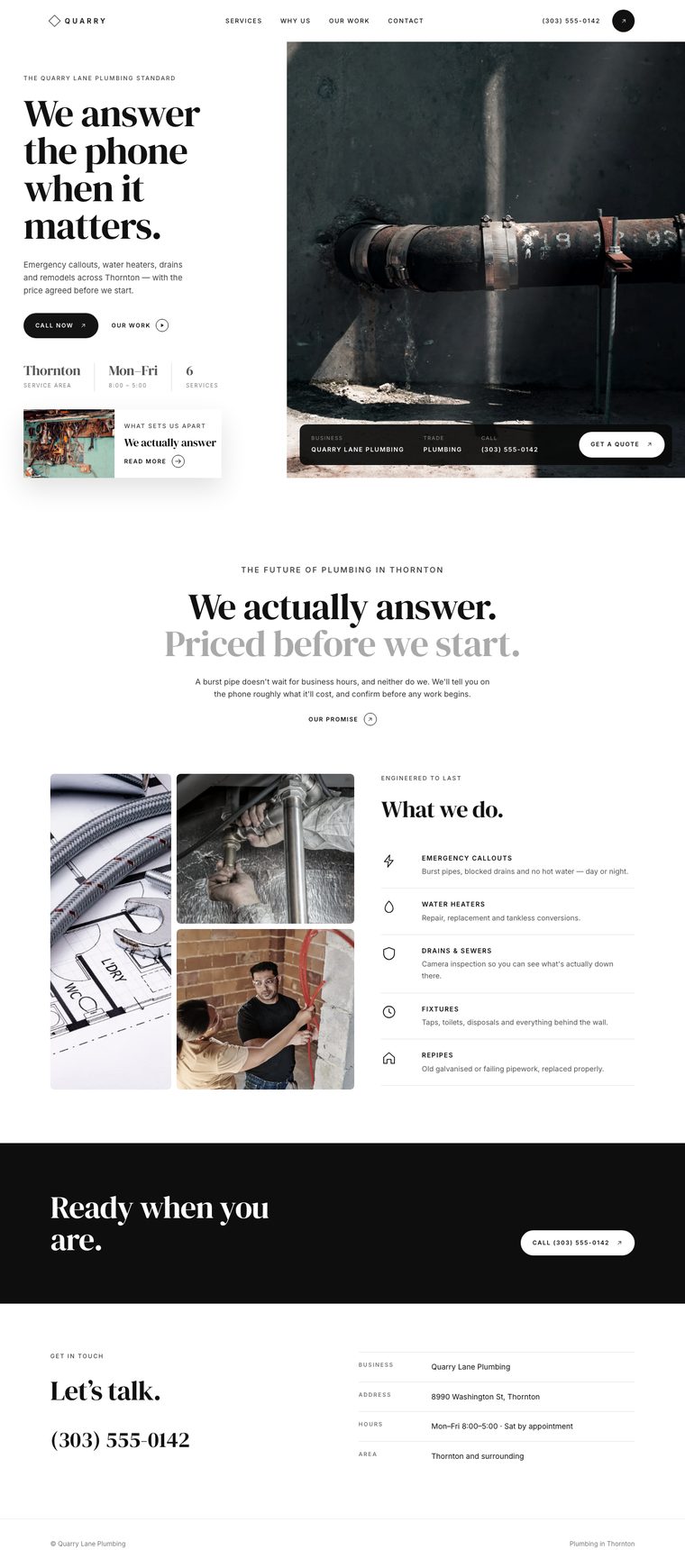 The Luminara look: a white serif website with a split photo hero for a plumbing business