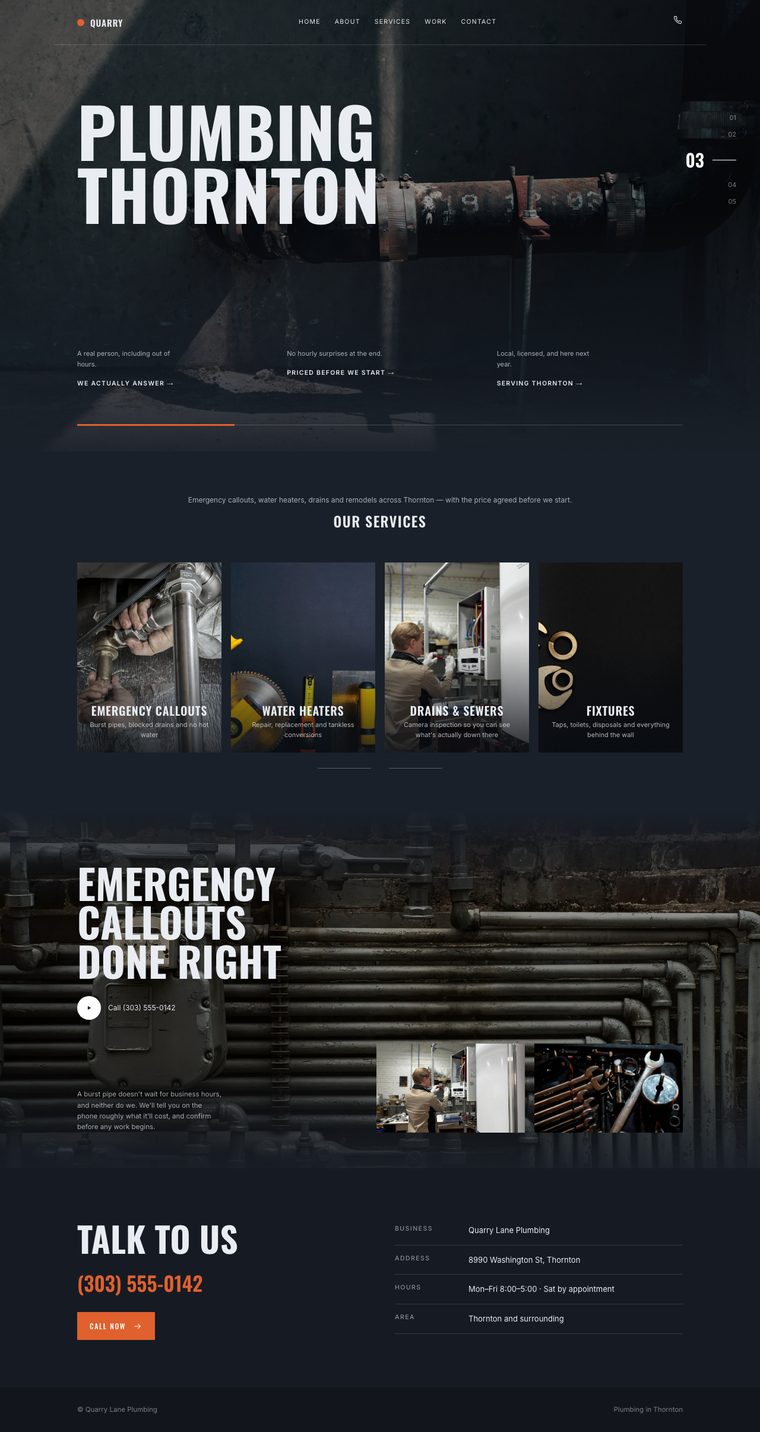 The Travel look: a dark navy website with huge condensed type for a plumbing business